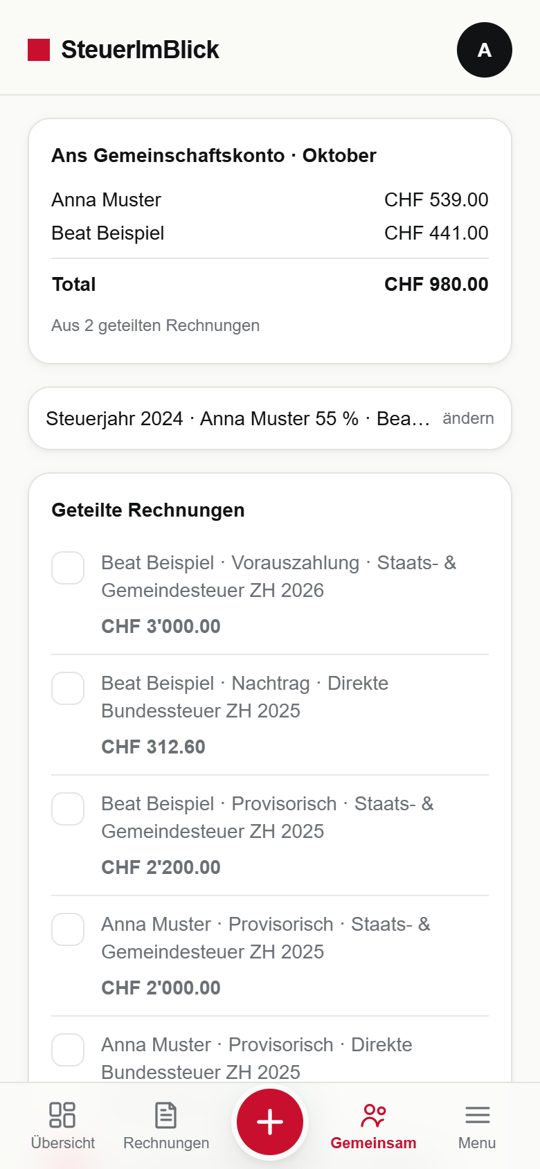Bereich „Gemeinsam“ mit geteilten Rechnungen und Kostenaufteilung zwischen zwei Personen