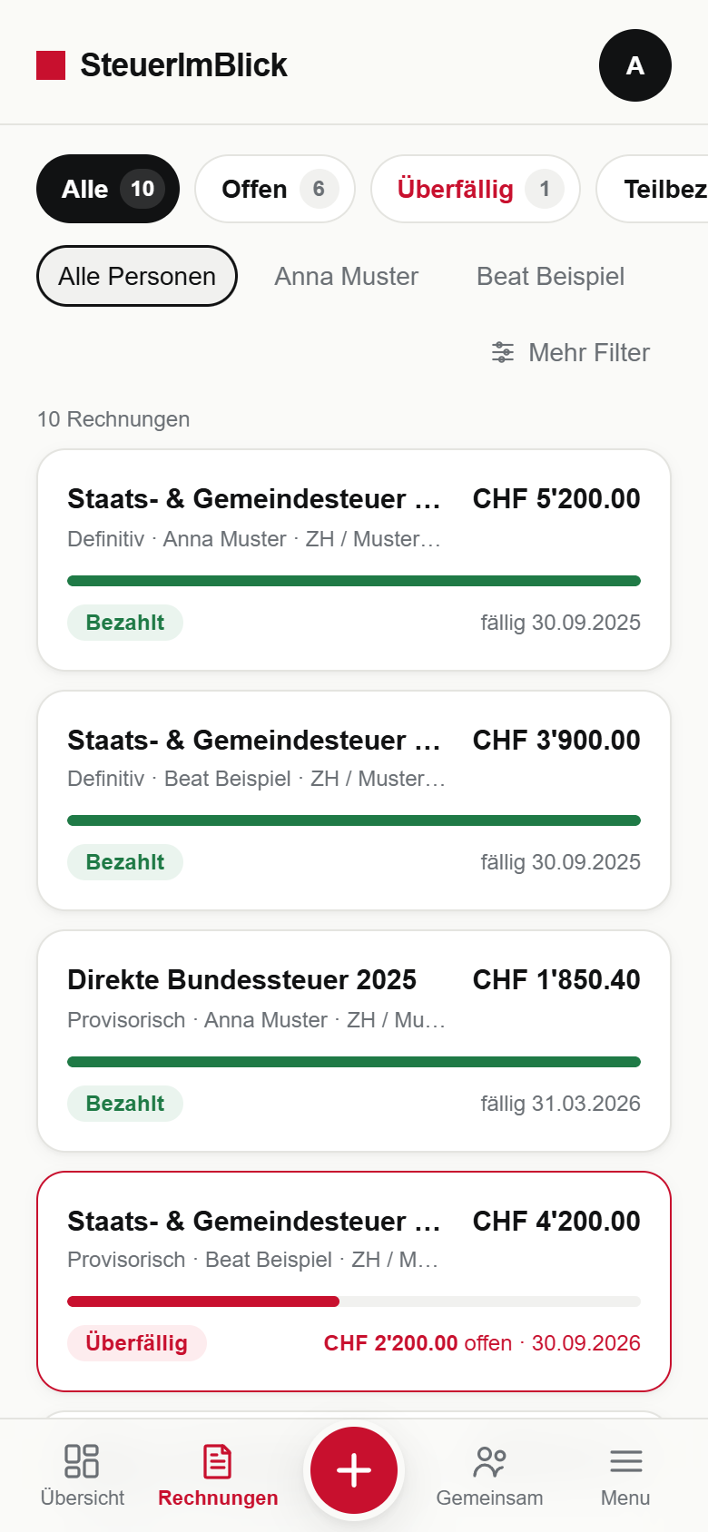 Liste der Steuerrechnungen mit Status-Filtern und Fortschrittsbalken: bezahlt, teilweise bezahlt oder überfällig